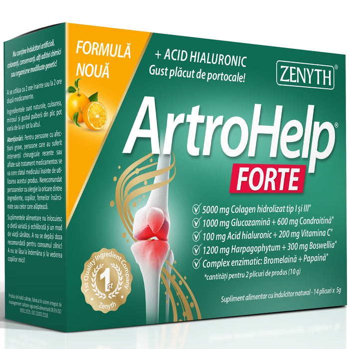 Supliment alimentar Zenyth Pharmaceuticals ArtroHelp Forte, cu colagen și acid hialuronic, aromă de portocale, 14 plicuri