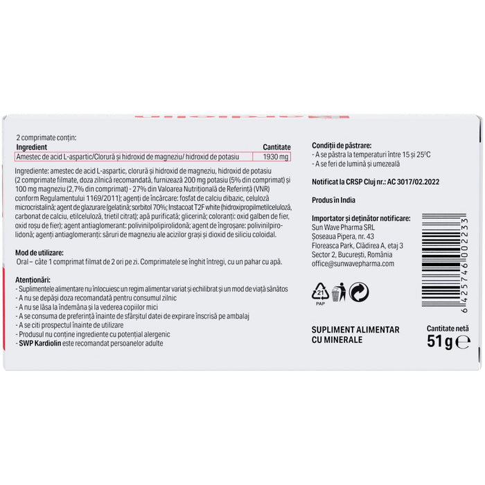 Supliment alimentar Sun Wave Pharma Kardiolin cu potasiu și magneziu, 28 comprimate filmate