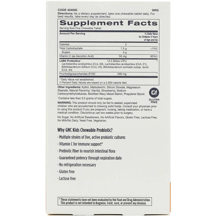 Supliment alimentar GNC Milestones Kids Chewable Probiotic, pentru copii 4–12 ani, aromă naturală de căpșuni, 30 tablete masticabile