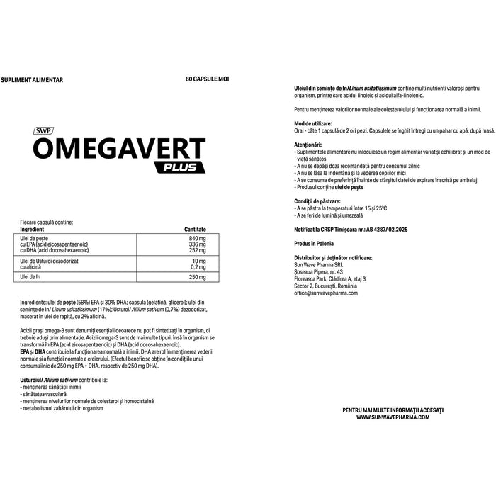 Supliment alimentar Sun Wave Pharma Omegavert Plus cu omega-3, capsule moi, 60 capsule