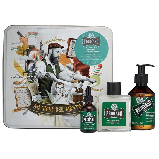 Trusă îngrijire barbă, Proraso, cutie aluminiu, ulei, balsam, șampon