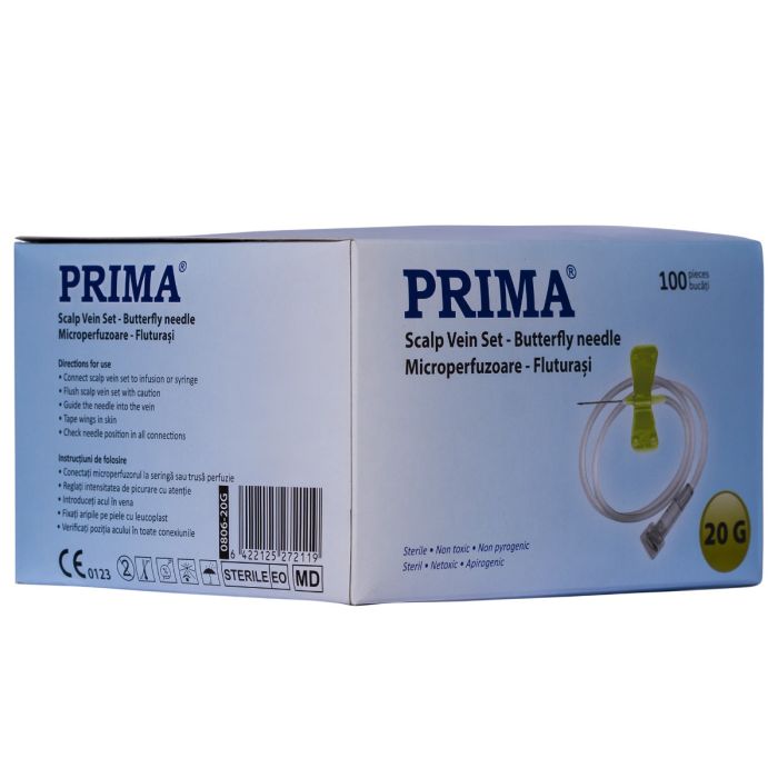 Microperfuzoare Prima, tip fluturaș, 20G, galbene, sterile, 100 bucăți