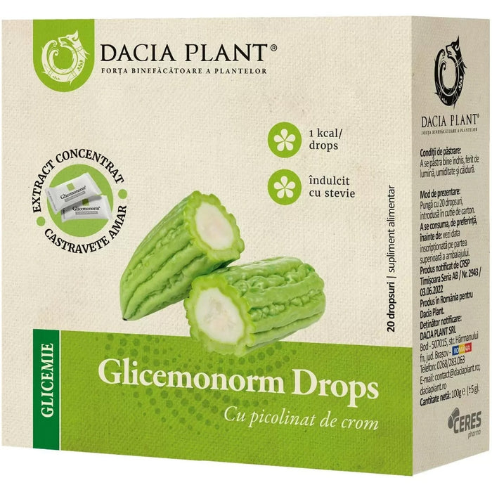 Supliment alimentar Dacia Plant Glicemonorm Drops, îndulcit cu stevie, cu picolinat de crom, 20 dropsuri