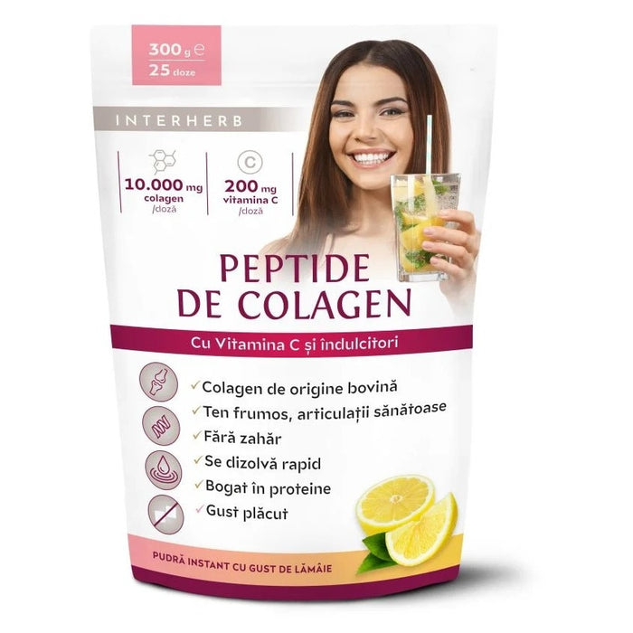 Pudră cu peptide de colagen Interherb, cu vitamina C și aromă de lămâie, 300 g
