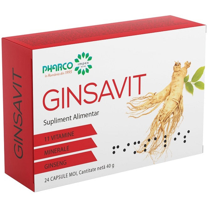 Supliment alimentar Pharco Ginsavit, cu ginseng, vitamine și minerale, 24 capsule moi