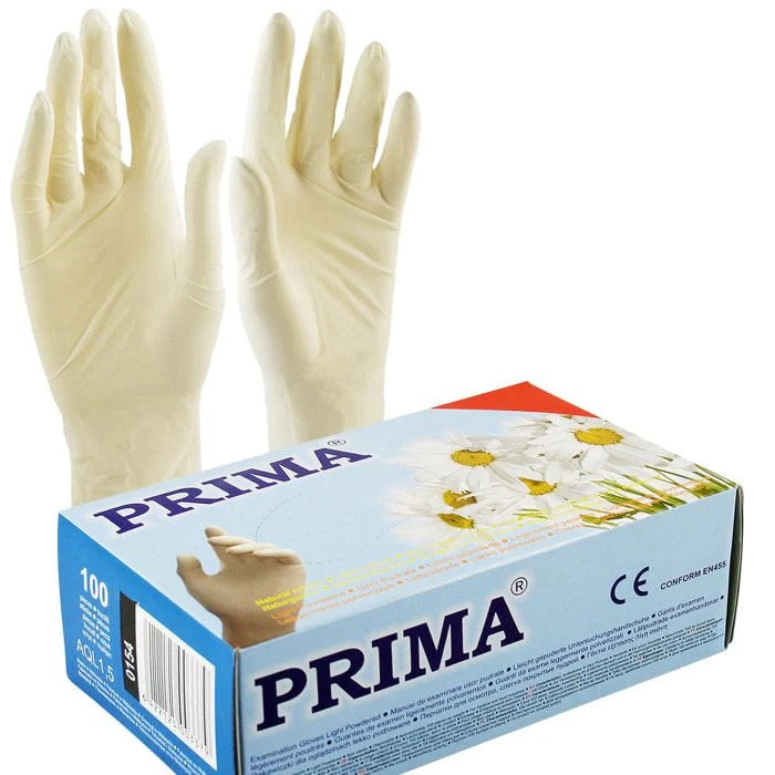 Mănuși de examinare Prima, din latex pudrate, mărimea M, albe, 100 bucăți