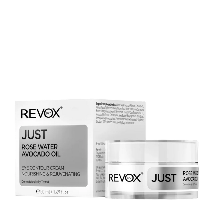 Cremă pentru conturul ochilor Revox B77 Just Rose Water Avocado Oil, hrănitoare, cu apă de trandafiri și ulei de avocado, 50 ml