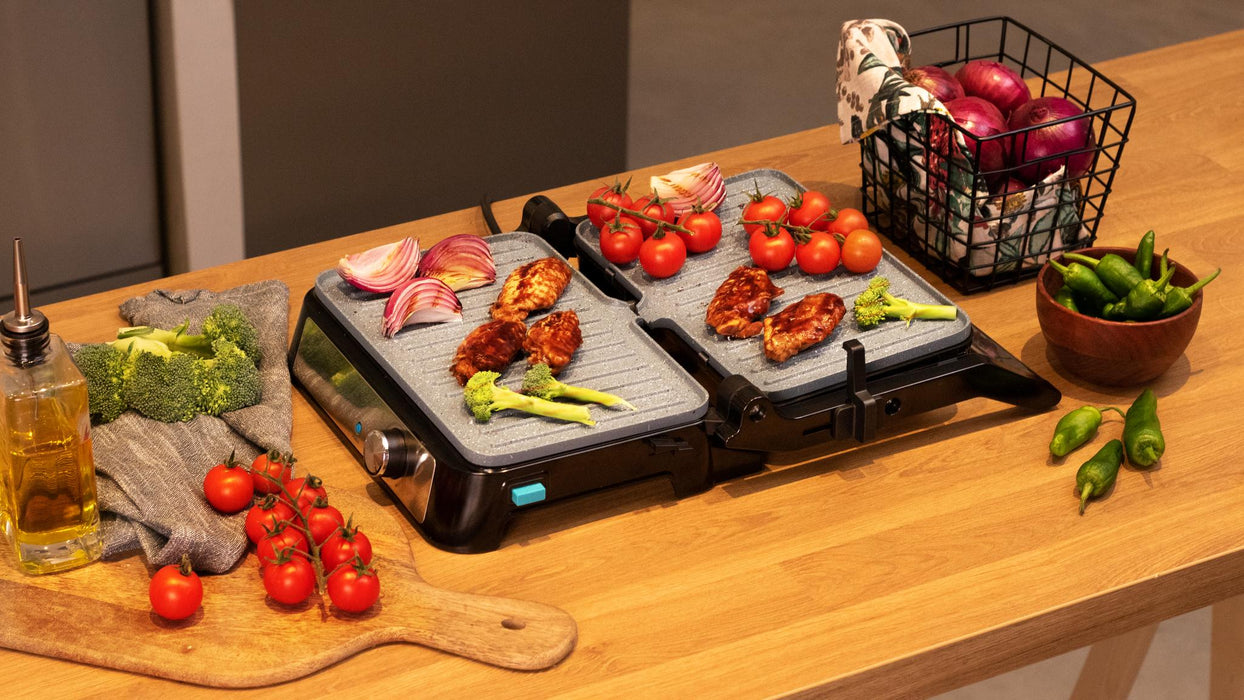 Grătar electric de contact Cecotec Rock'N Grill 1500 Take&Clean Stone, 1500 W, deschidere la 180°, negru