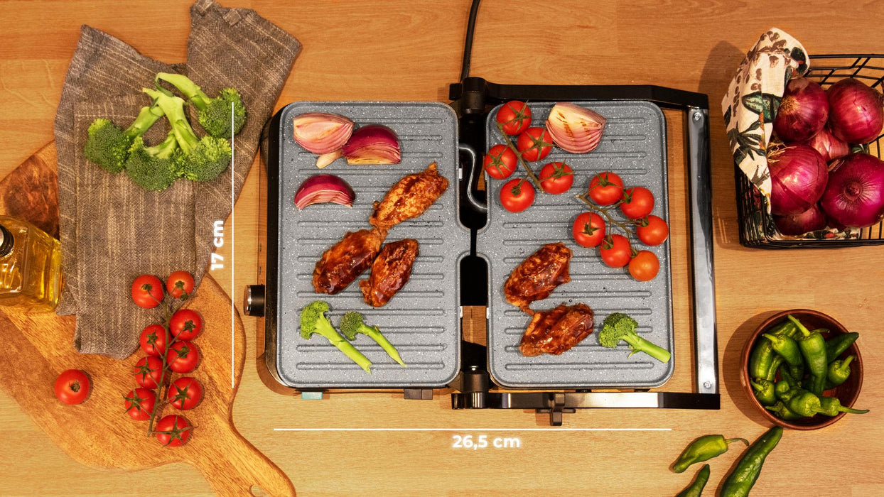 Grătar electric de contact Cecotec Rock'N Grill 1500 Take&Clean Stone, 1500 W, deschidere la 180°, negru