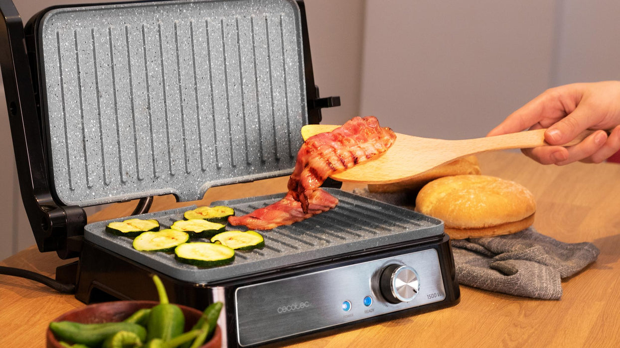 Grătar electric de contact Cecotec Rock'N Grill 1500 Take&Clean Stone, 1500 W, deschidere la 180°, negru