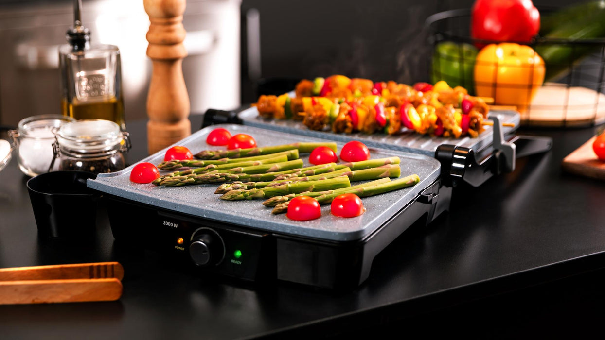 Grătar electric de contact Cecotec Rock’Ngrill 2000 Stone Ceramic Mix&Grill, 2000 W, 31,5 × 32 × 11 cm, negru