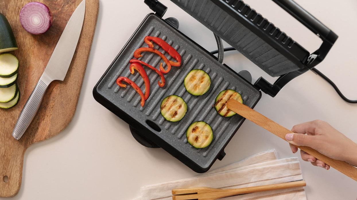 Grătar electric de contact Cecotec Rock'Ngrill Dark 1000, 1000 W, suprafață 25,4 × 17,5 cm, negru