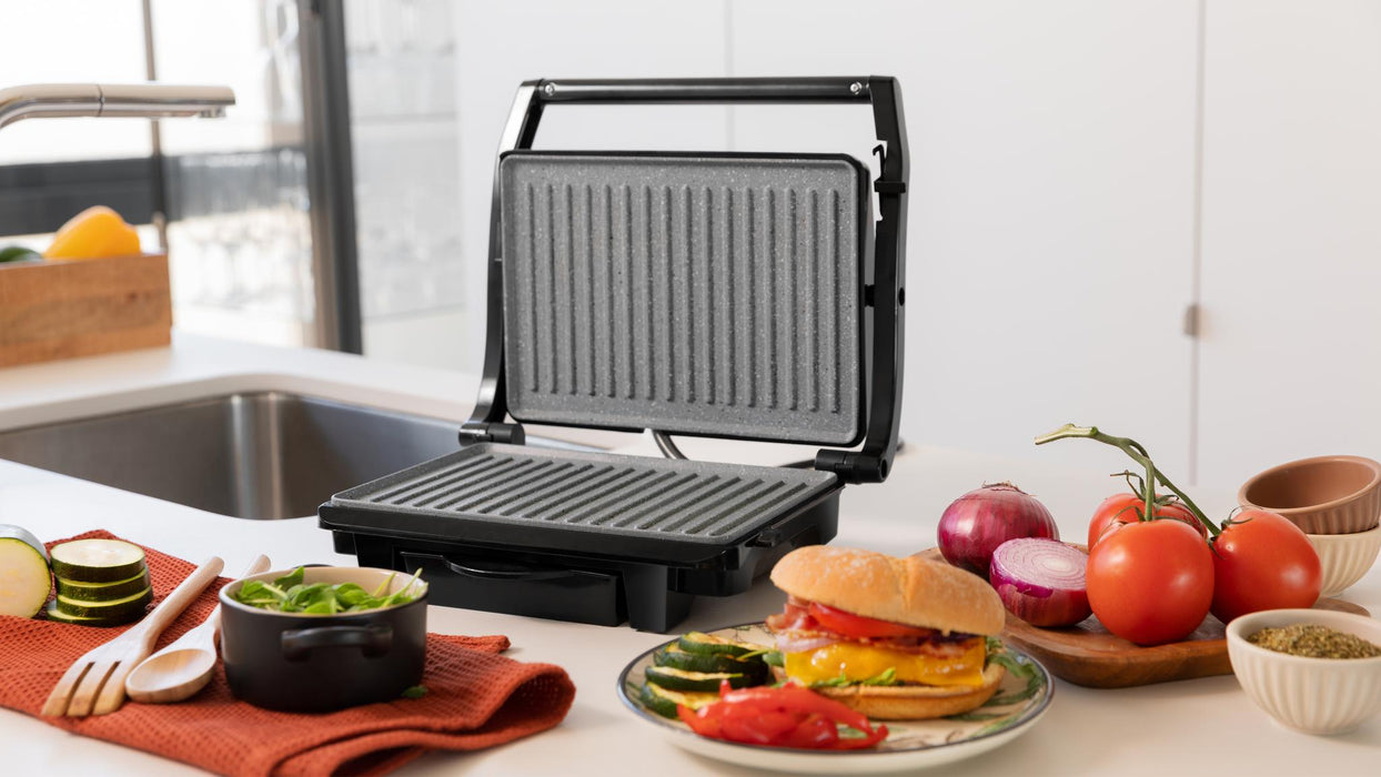 Grătar electric de contact Cecotec Rock'Ngrill Dark 1000, 1000 W, suprafață 25,4 × 17,5 cm, negru