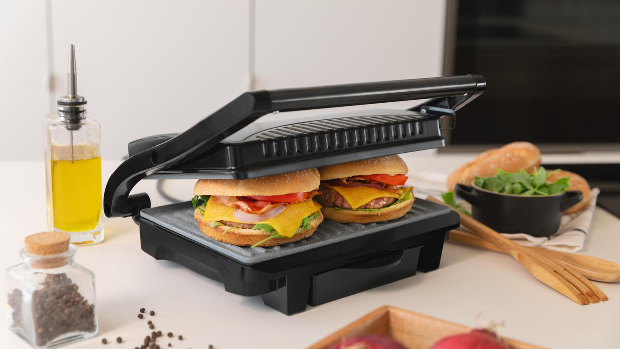 Grătar electric de contact Cecotec Rock'Ngrill Dark 1000, 1000 W, suprafață 25,4 × 17,5 cm, negru