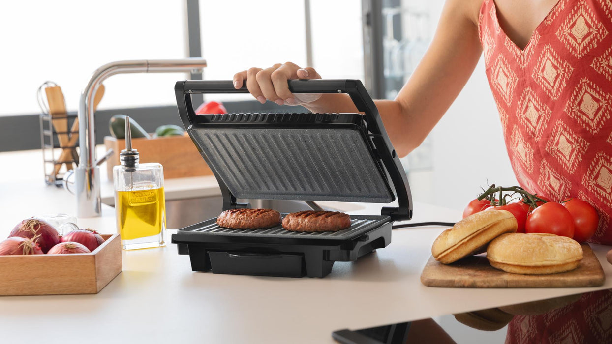Grătar electric de contact Cecotec Rock'Ngrill Dark 1000, 1000 W, suprafață 25,4 × 17,5 cm, negru