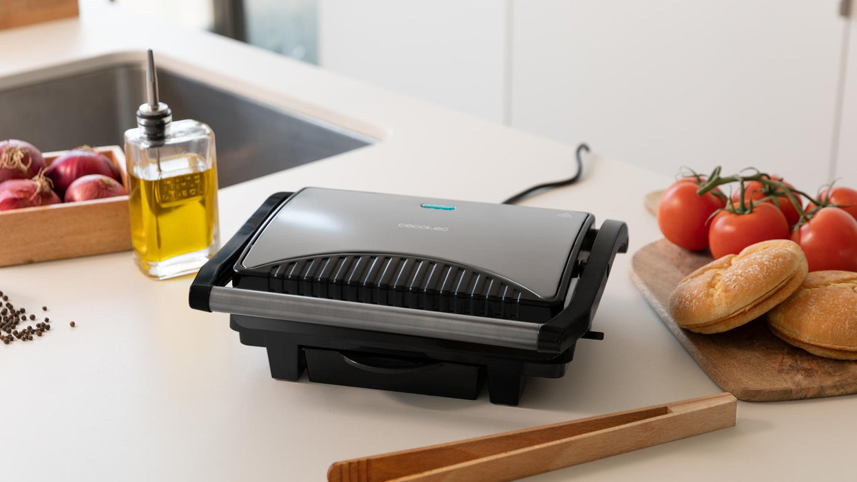 Grătar electric de contact Cecotec Rock'Ngrill Dark 1000, 1000 W, suprafață 25,4 × 17,5 cm, negru