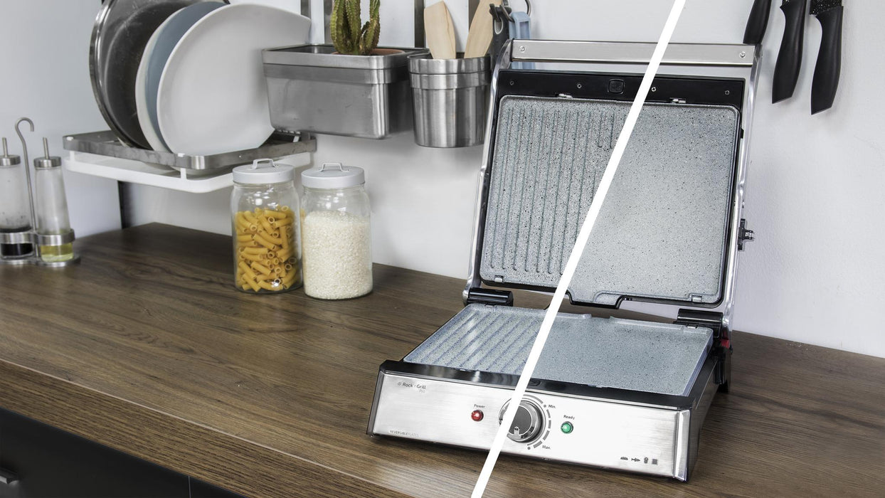Grătar electric de contact Cecotec Rock'N Grill Pro, 2000 W, deschidere la 180°, alb