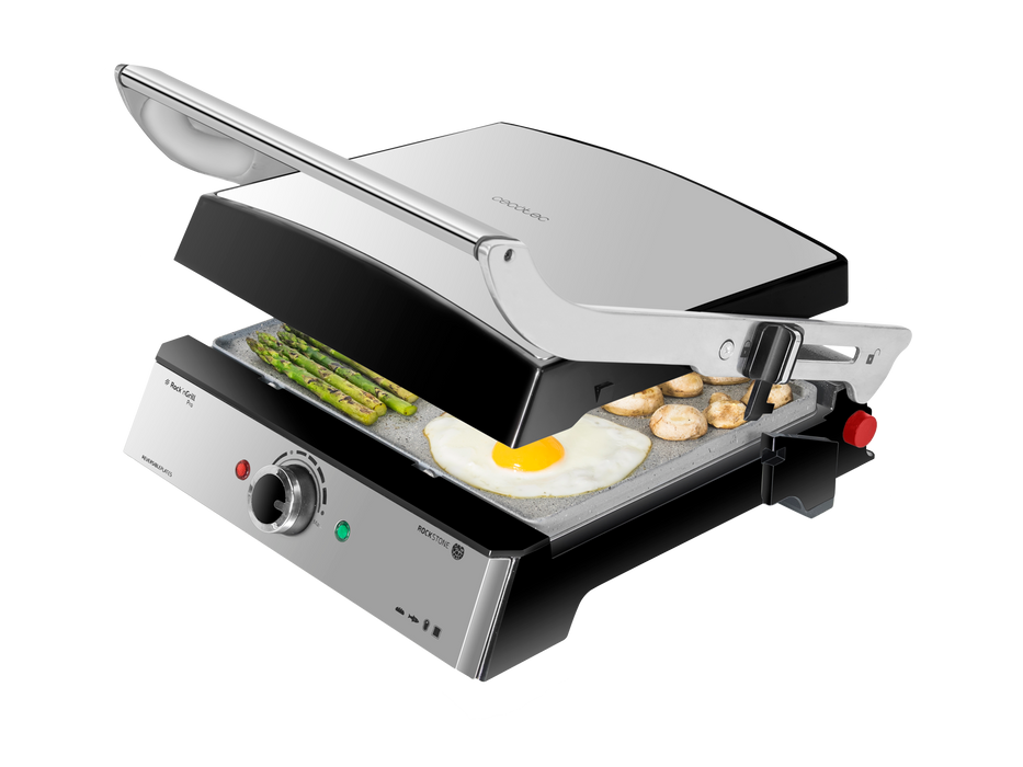 Grătar electric de contact Cecotec Rock'N Grill Pro, 2000 W, deschidere la 180°, alb
