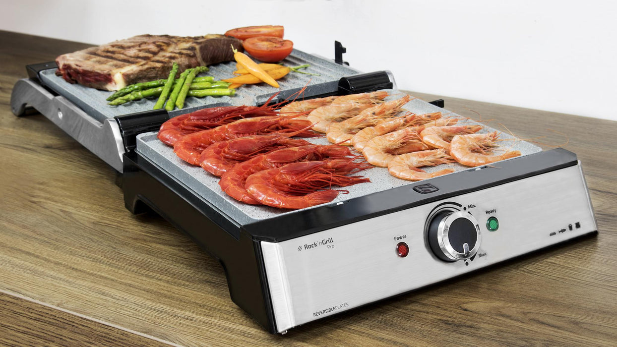 Grătar electric de contact Cecotec Rock'N Grill Pro, 2000 W, deschidere la 180°, alb