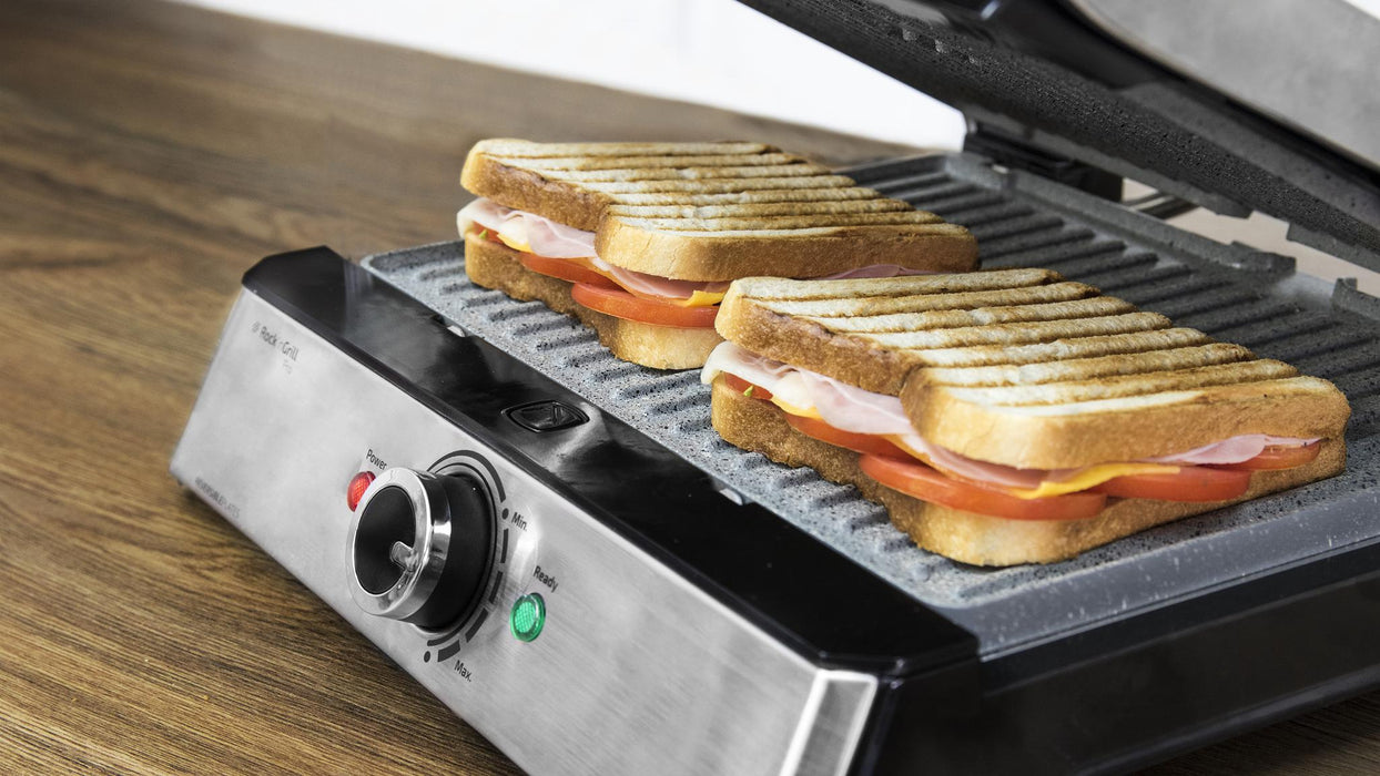 Grătar electric de contact Cecotec Rock'N Grill Pro, 2000 W, deschidere la 180°, alb