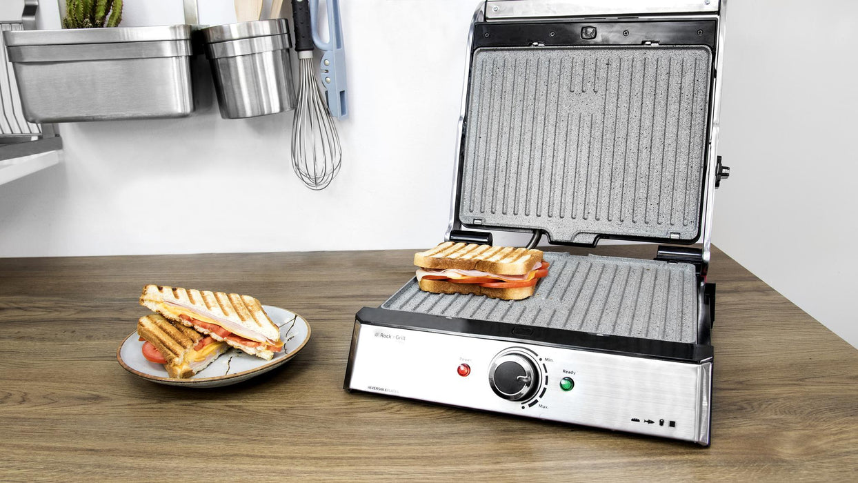Grătar electric de contact Cecotec Rock'N Grill Pro, 2000 W, deschidere la 180°, alb