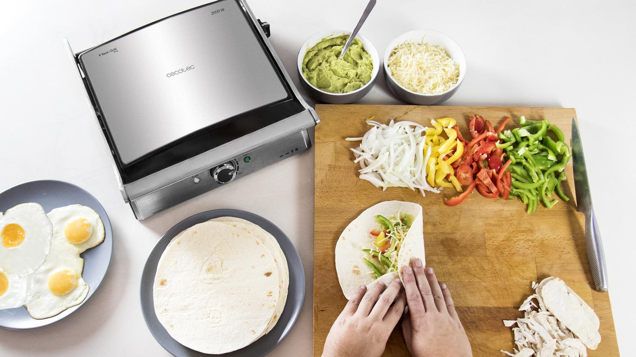 Grătar electric de contact Cecotec Rock'N Grill Pro, 2000 W, deschidere la 180°, alb
