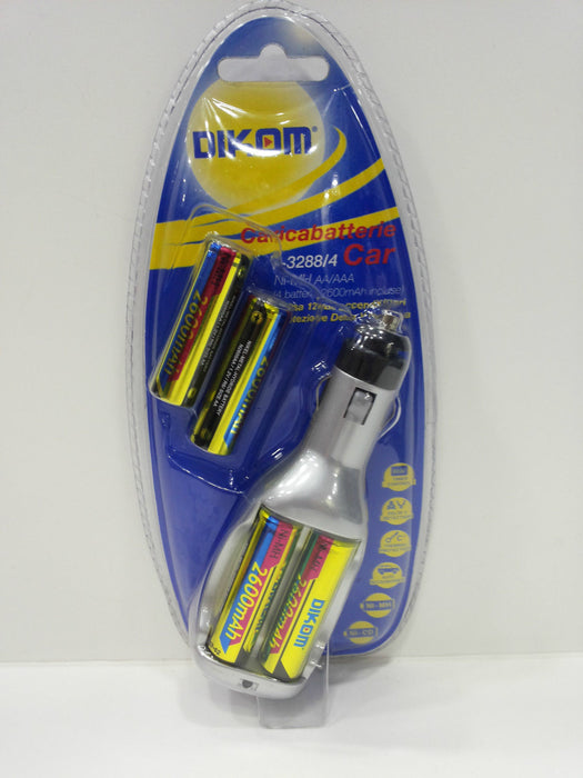 Încărcător auto baterii AA/AAA Dikom V-3288/4, 12V, 4x baterii AA 2600mAh incluse, cu LED și microprocesor