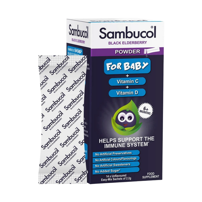 Supliment alimentar Sambucol Baby Powder, pudră cu soc negru, vitaminele C și D, pentru copii de la 6 luni, 14 plicuri x 2,2 g