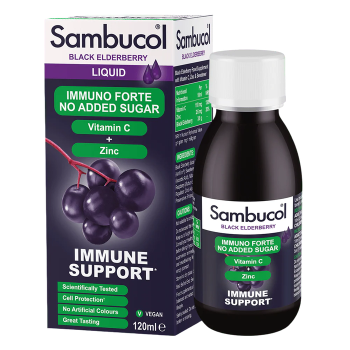 Sirop Sambucol Immuno Forte, fără zahăr adăugat, cu soc negru, vitamina C și zinc, 120 ml