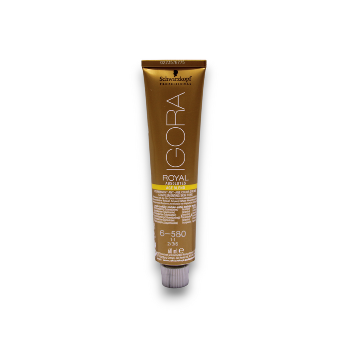 Vopsea permanentă de păr Schwarzkopf Professional Igora Royal Absolutes Age Blend, nuanța 6-580 Golden Red Chestnut, 60 ml