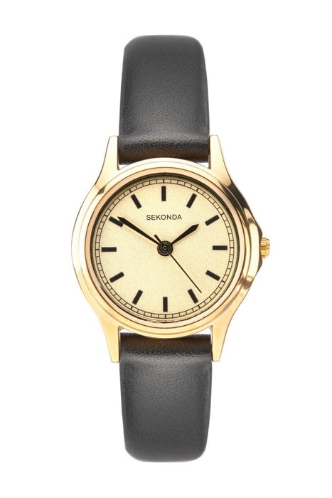 Ceas Sekonda Quartz Watches, mecanism quartz, cadran crem, curea neagră, carcasă aurie