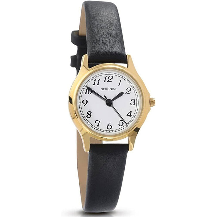 Ceas cu quartz Sekonda, cadran alb, curea neagră, carcasă aurie