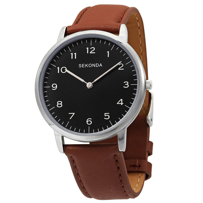 Ceas Sekonda Quartz Watches, mecanism quartz, cadran negru, curea maro, pentru bărbați