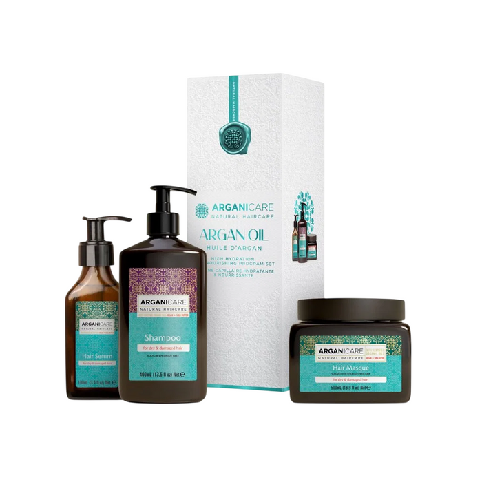 Set șampon Arganicare Argan Oil & Shea Butter 400 ml + ser de păr 100 ml + mască de păr 500 ml