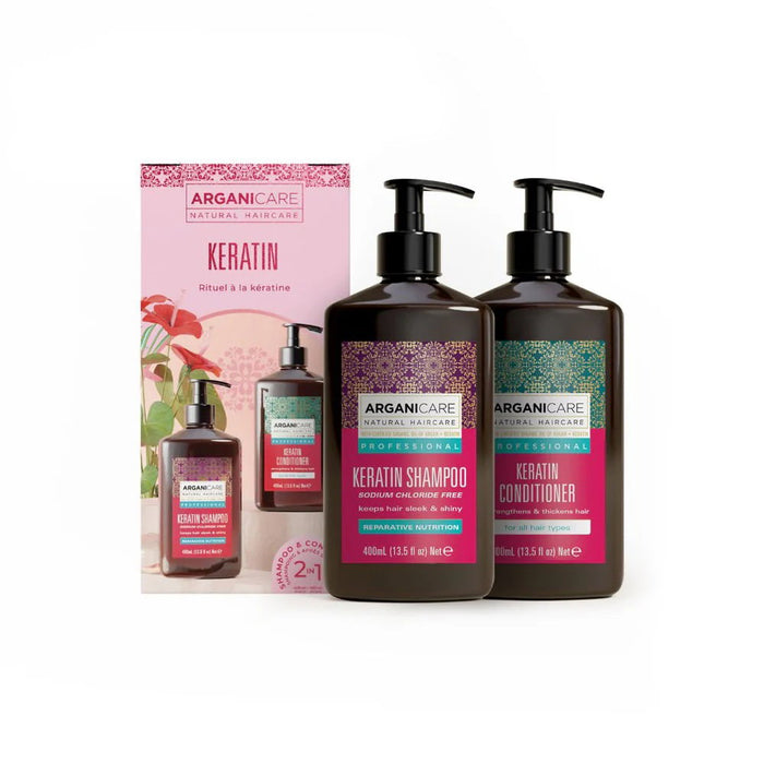 Set Arganicare Keratin: șampon pentru reparare și hrănire 400 ml + balsam fără clătire pentru strălucire 400 ml