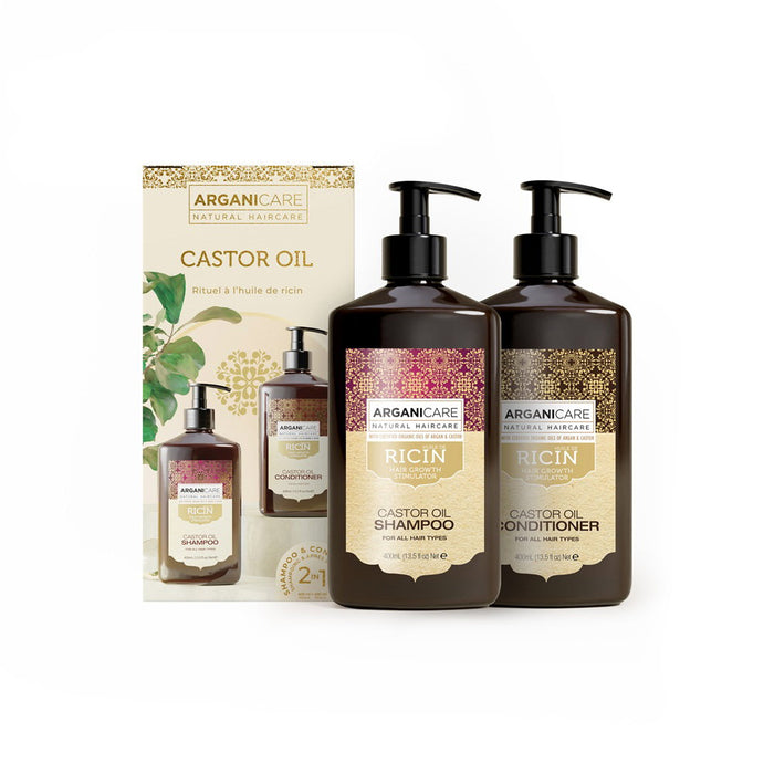 Set șampon Arganicare Ricin + balsam, pentru stimularea creșterii părului, 2 x 400 ml