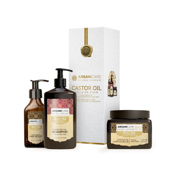 Set Arganicare Ricin, pentru stimularea creșterii părului: șampon 400 ml + mască de păr 500 ml + ser 100 ml