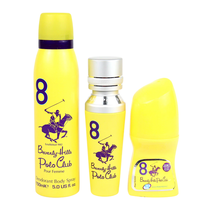 Set Beverly Hills Polo Club 1982 - Sport 8: apă de parfum 50 ml + spray de corp 150 ml + deodorant roll-on No.8 50 ml, pentru femei