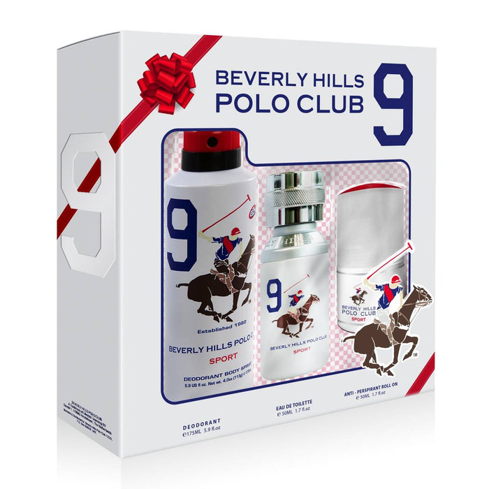 Set Beverly Hills Polo Club 1982 - Sport 9, pentru bărbați: apă de toaletă 50 ml + spray antiperspirant 175 ml + roll-on 50 ml