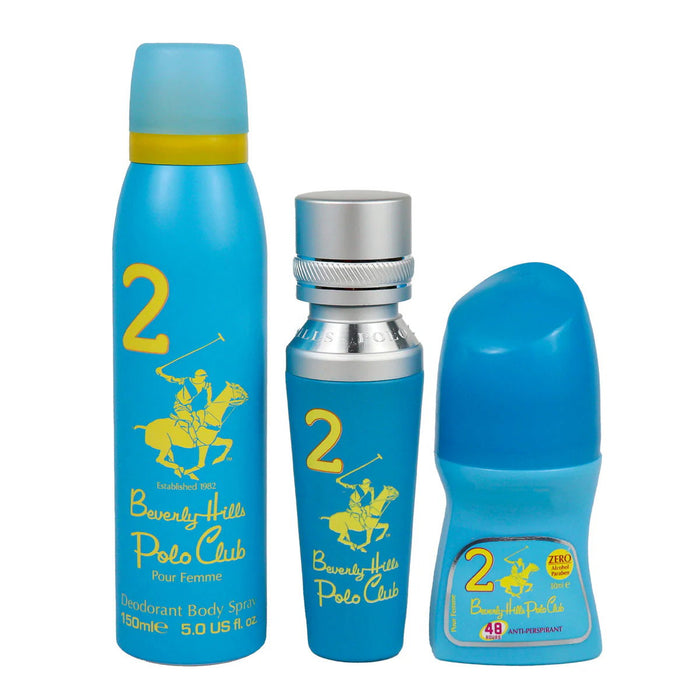 Set Beverly Hills Polo Club No. 2, pentru femei: apă de parfum 50 ml + deodorant antiperspirant roll-on 50 ml + spray de corp 150 ml