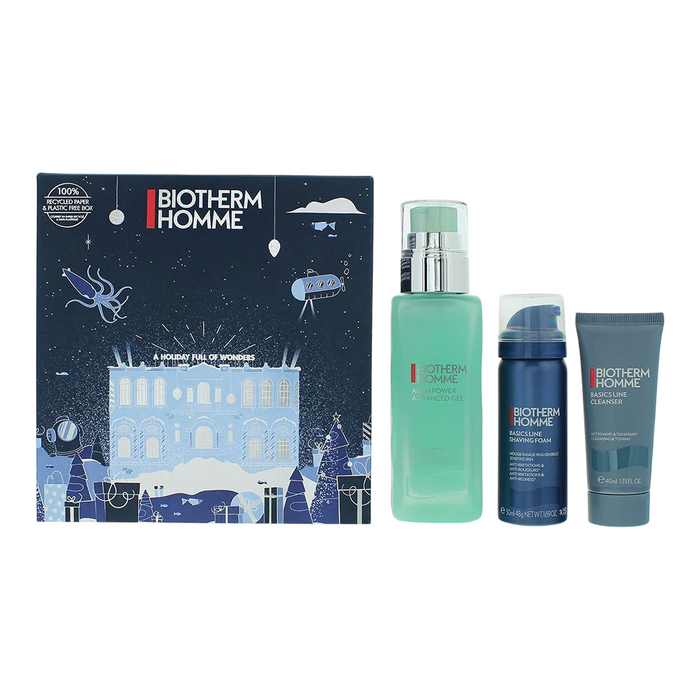 Set Biotherm Aquapower, gel hidratant pentru față 75 ml + gel de curățare 40 ml + spumă de ras 50 ml