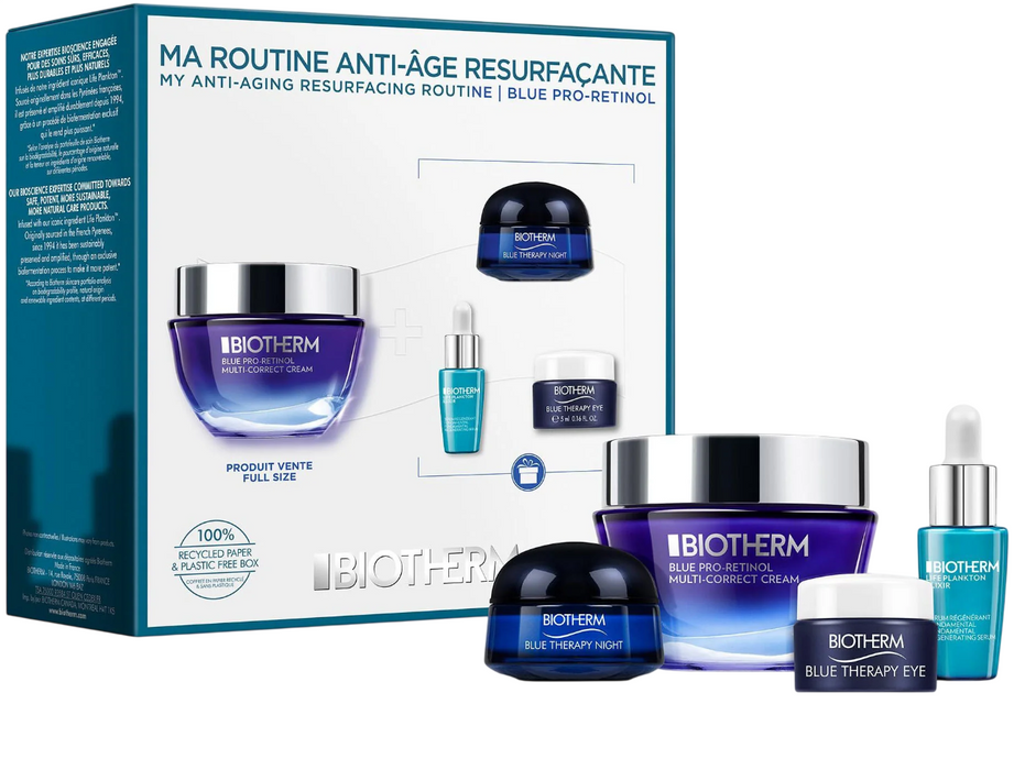 Set Biotherm Blue Pro-Retinol, cremă de față 50 ml + ser Life Plankton Elixir 7 ml + cremă de noapte Blue Therapy 15 ml + cremă de ochi 15 ml