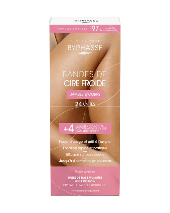 Set benzi cu ceară pentru epilare Byphasse Cold Wax + șervețele post-epilare, pentru picioare și corp, 24 buc