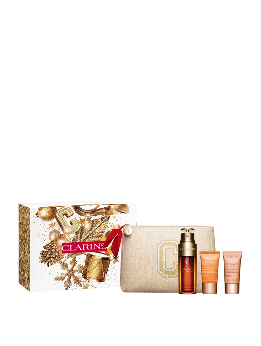 Set Clarins Double Serum + cremă de zi Extra-Firming Energy + ser pentru ochi Double Eye, antiîmbătrânire, 50 ml + 15 ml + 0,9 ml