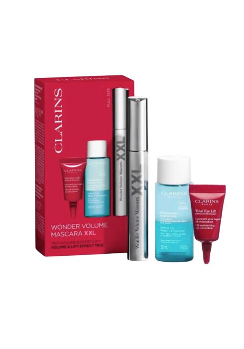 Set Clarins Wonder Volume Mascara, neagră, 8 ml + loțiune demachiantă 30 ml + cremă de ochi 3 ml