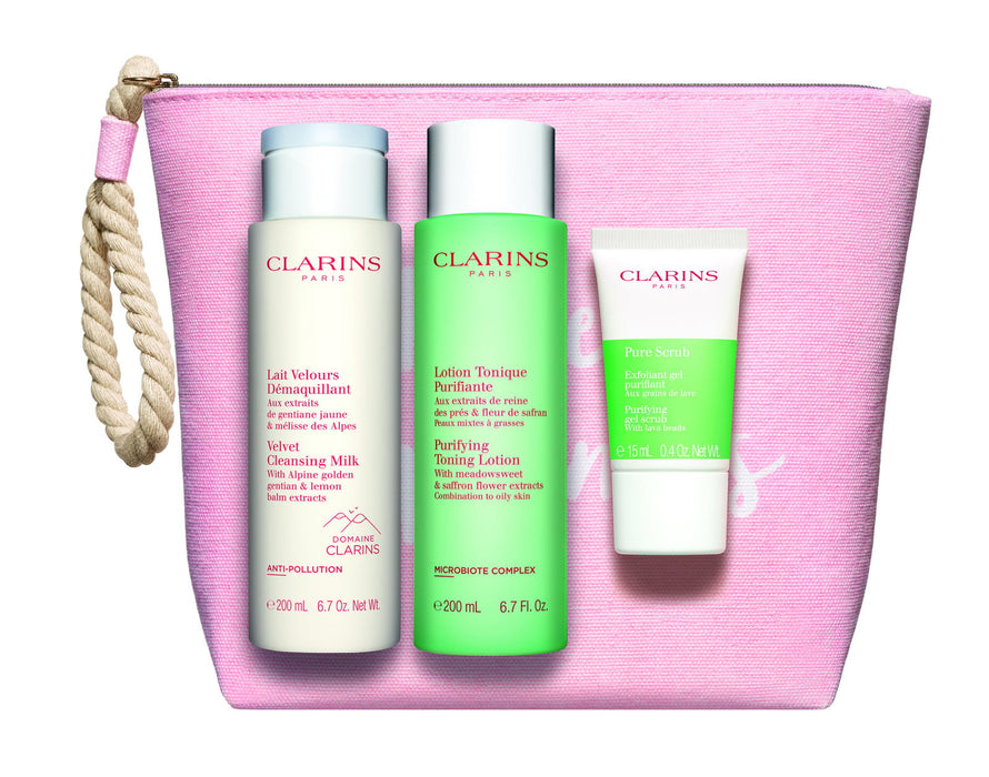 Set Clarins Pure Scrub exfoliant + lapte demachiant Velours + loțiune tonică Purifying, 15 ml + 200 ml + 200 ml