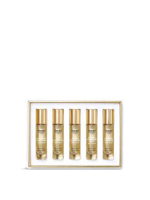 Set de ape de parfum Creed Wind Flowers + Royal Princess Oud + Carmina + Aventus + Spring Flower, pentru femei, 5 x 10 ml