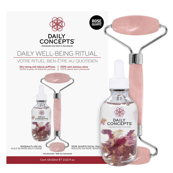 Set ulei multifuncțional de față Daily Concepts Rose Multi-Use Oil + roller facial din cuarț roz, 60 ml