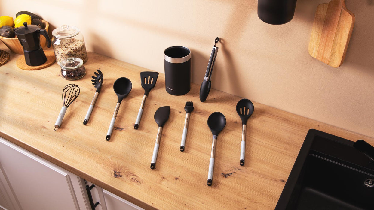 Set ustensile de bucătărie Cecotec Polka Exclusive Wood & Rock, 9 ustensile, rezistență 220 °C, suport inclus