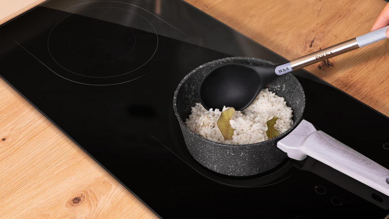 Set ustensile de bucătărie Cecotec Polka Exclusive Wood & Rock, 9 ustensile, rezistență 220 °C, suport inclus